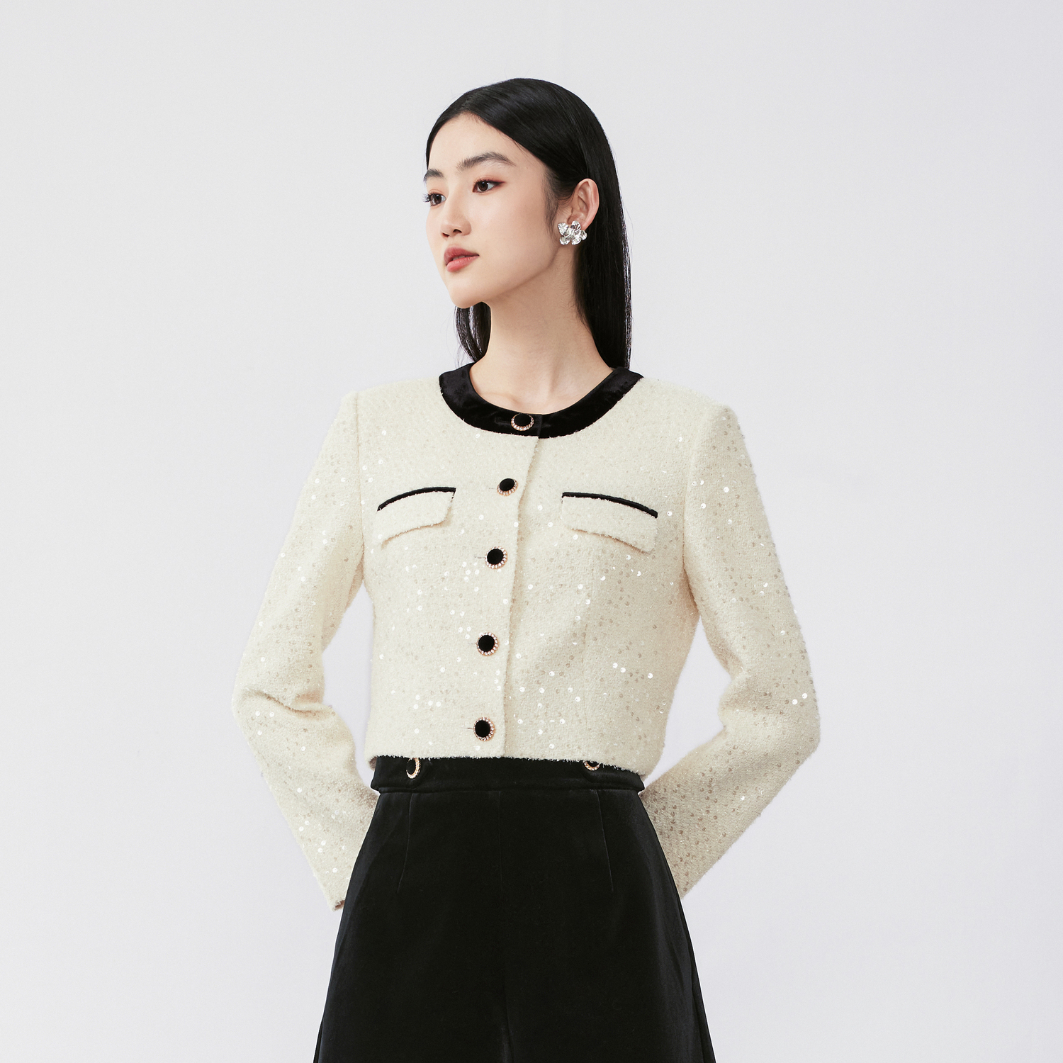 LIME莱茵撞色亮片花呢直筒短截上衣米白色2024秋新款优雅时髦外套