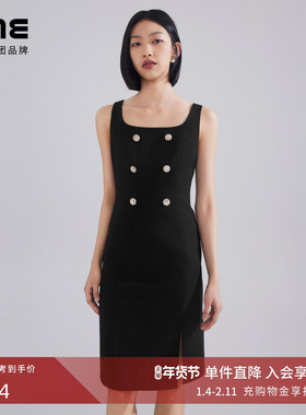 LIME莱茵年早春方领连衣裙黑色复古下摆开衩背心裙