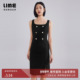 LIME莱茵年早春方领连衣裙黑色复古下摆开衩背心裙