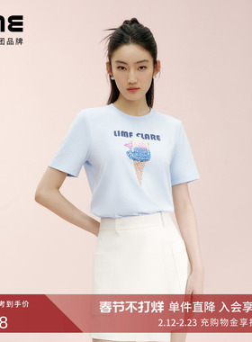 朗姿集团LIME莱茵圆领棉弹力冰淇淋图案字母印花T恤25夏时尚短袖