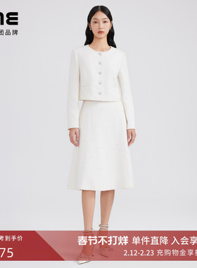 LIME莱茵年早春新款圆领粗花呢短截上衣象牙白色小香风外套