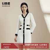 LIME莱茵V领黑白撞色亮片花呢法式 优雅连衣裙秋冬新款 收腰A字裙