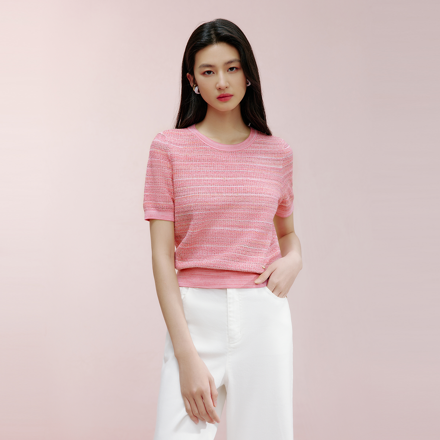 朗姿集团LIME莱茵小香风针织套头衫25夏季花纱宽松弹力女短袖上衣