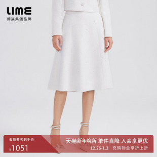 LIME莱茵年早春新款 A字裙通勤百搭 粗花呢半裙象牙白色高腰韩版
