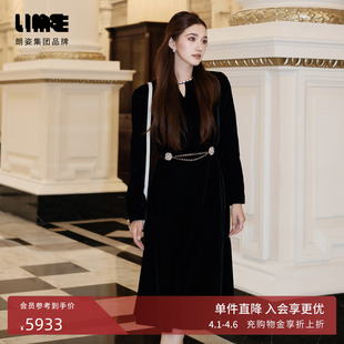 领口重工钉珠镂空设计裙子 LIME莱茵轻奢优雅丝绒连衣裙秋新款