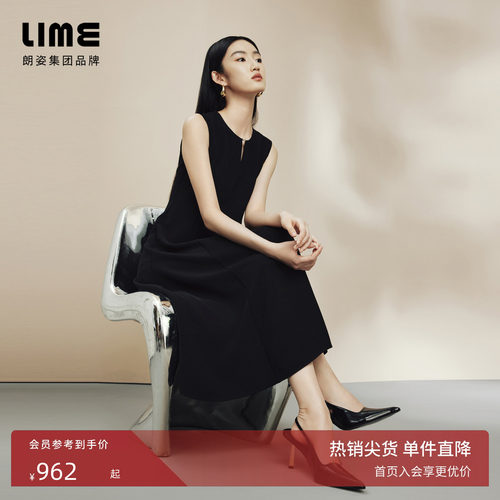 朗姿/LIME莱茵无袖通勤黑色连衣裙简约圆领显瘦收腰长裙
