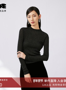 LIME莱茵半高领针织套头衫黑色2024秋新款亮丝纱线显瘦优雅女毛衣