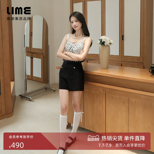 朗姿/LIME莱茵优雅香风面料缎面拼接高腰短裤黑色2026年夏季新款