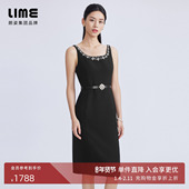 LIME莱茵年春夏新款 黑色吊带连衣裙收腰显瘦通勤OL钻饰设计感裙