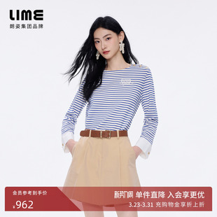 刺绣徽章短上衣 26年春新款 朗姿 LIME莱茵海军蓝白撞色条纹套头衫