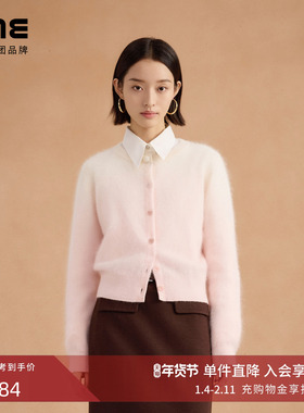 朗姿集团LIME莱茵2/26 100%山羊绒拉绒针织开衫石盐粉圆领25冬新