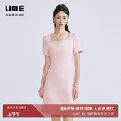 LIME莱茵小香风连衣裙淡粉色春夏新款 粗花呢短袖 收腰显瘦裙子