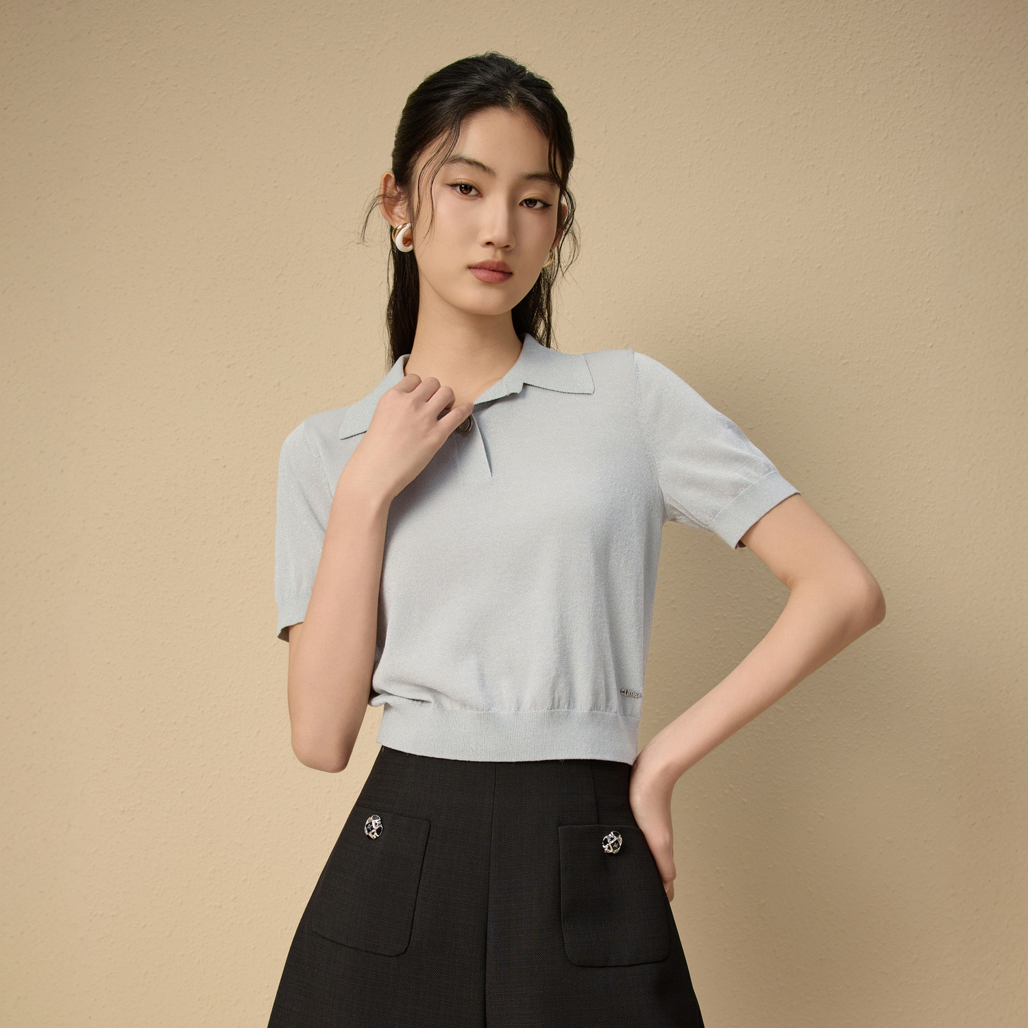 朗姿集团LIME莱茵POLO领翻领棉质针织套头衫25夏简约百搭女短袖