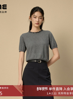 朗姿集团LIME莱茵钻饰领口短袖针织套头衫深灰色25夏老钱风女半袖
