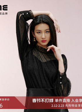 朗姿集团LIME莱茵法式优雅氛围感黑色蕾丝衬衫春半高领上衣