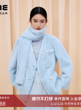 朗姿/LIME莱茵环保皮草短大衣蓝色开领配围巾珍珠扣高级感冬新款