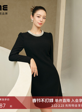 吉娜同款 朗姿/LIME莱茵赫本风法式轻奢珍珠年会香风小黑裙连衣裙