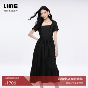 朗姿LIME莱茵复古方领泡泡袖提花收腰连衣裙显瘦小黑裙2026夏新款