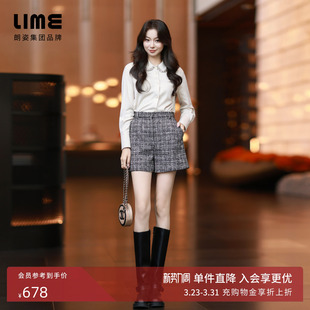 朗姿集团LIME莱茵黑白格纹花呢高腰隐形拉链短裤 简约小个子25冬新