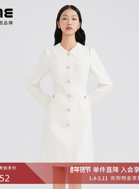 LIME莱茵年早春新款网纱刺绣小翻领连衣裙白色收腰A摆小香风裙