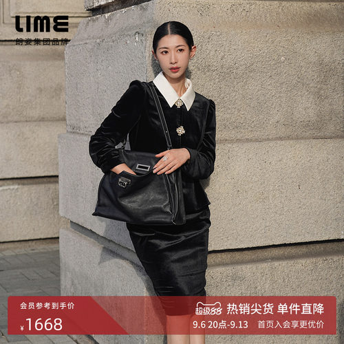 朗姿集团LIME莱茵丝绒假两件连衣裙夜幕黑色收腰显瘦复古25秋新款