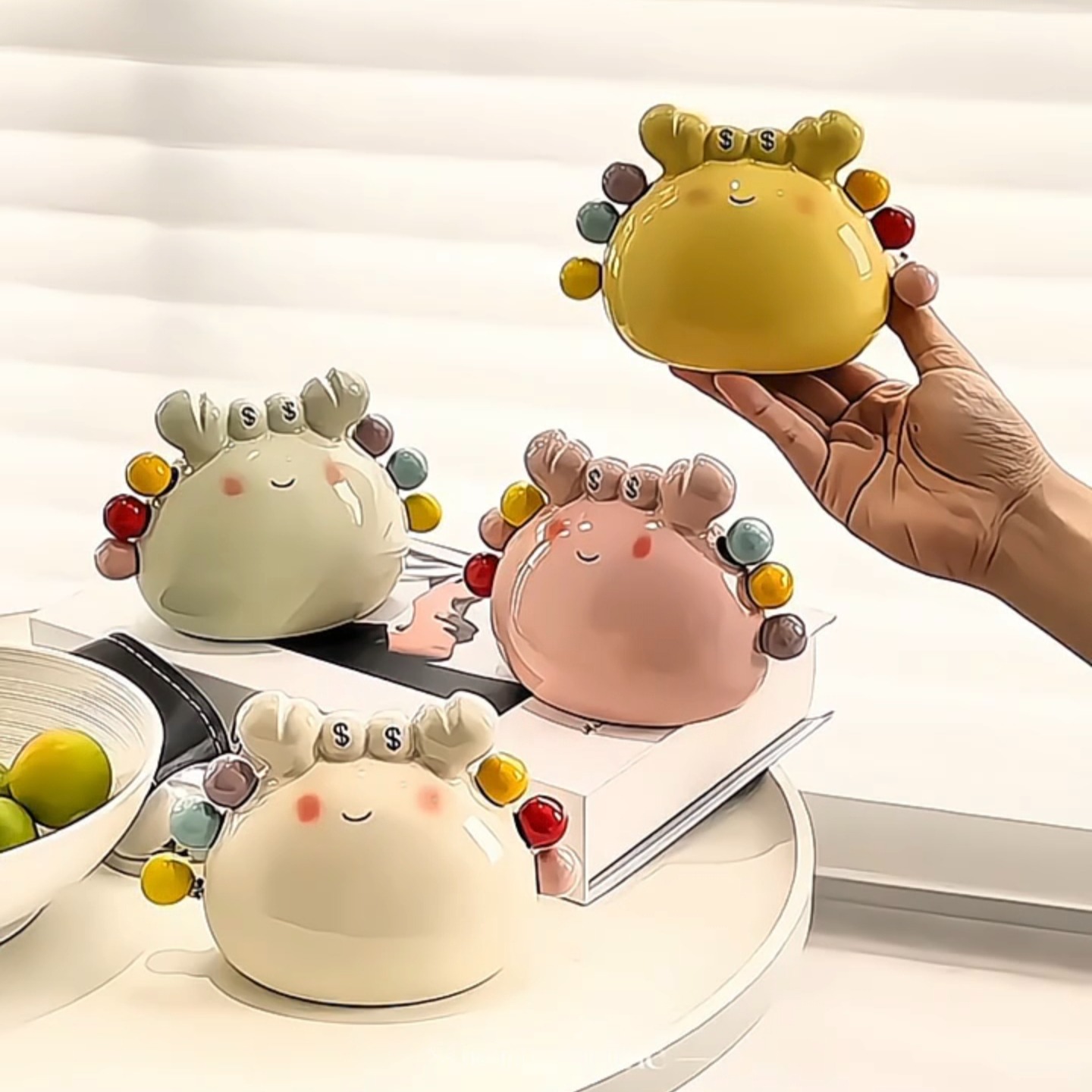 小螃蟹水果叉轻奢高级感不锈钢陶瓷收纳罐套装家用客厅茶几装饰品