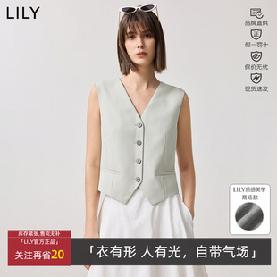 LILY春新款 马甲女125150C0507 简约V领收腰百搭绿色背心西装