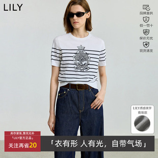 女125340TK753 针织衫 LILY秋新款 老钱风提花条纹通勤圆领短袖