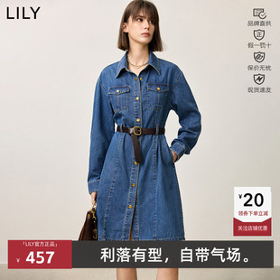 LILY春新款女装经典收腰休闲牛仔裙长袖连衣裙女125130G7205