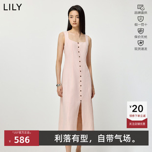 LILY2026夏新款混纺方领收腰开叉吊带连衣裙女长裙126219C7979