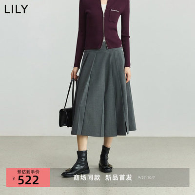 LILY丽丽春秋款女装格雷系气质通勤百褶裙半身裙长款125360C6514