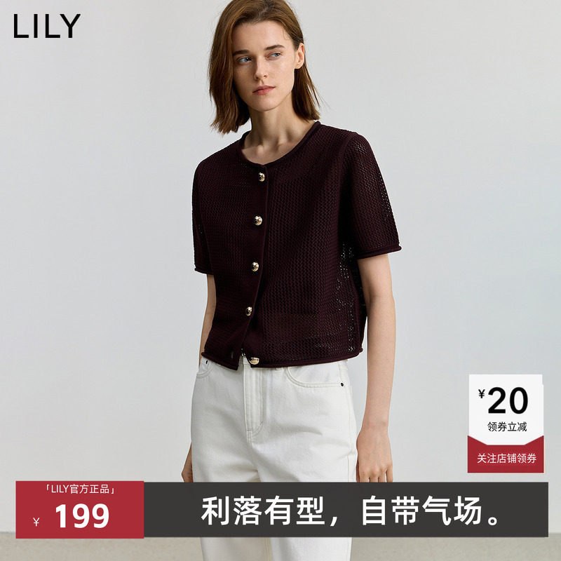 LILY/丽丽春款女装全棉复古小香风休闲短袖针织开衫125320TC708