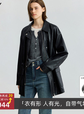 LILY春秋款女装复古帅气收腰黑色夹克外套中长款125350C3512