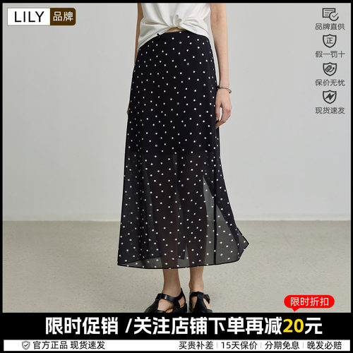 LILY夏新款复古法式网球波点休闲通勤黑色直筒裙半身裙女长裙