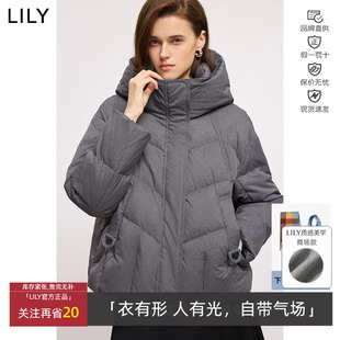LILY冬新款 女连帽90鸭绒宽松灰色茧型面包羽绒服外套125409DD965