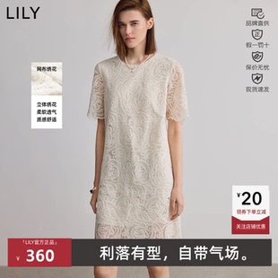 LILY夏款浪漫镂空蕾丝圆领宽松休闲短袖白色连衣裙女125209C7975