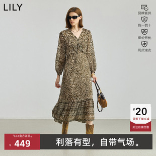 LILY春秋新款复古卷草纹V领收腰长袖雪纺连衣裙女125330C7601