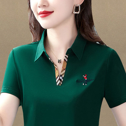 洋气短袖t恤女夏装时尚妈妈polo衫宽松翻领半袖上衣大码刺绣小衫