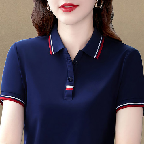 冰丝翻领短袖t恤女夏季大码中年妈妈带领体恤上衣显瘦速干polo衫