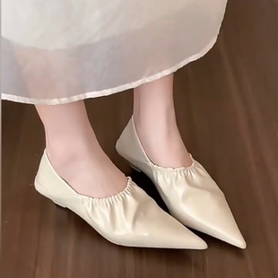 羊皮版~芭蕾风气质尖头单鞋女真皮坡跟浅口玛丽珍鞋法式通勤瓢鞋