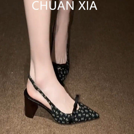 羊皮版！温柔碎花纹尖头高跟鞋女绝美蝴蝶结包头凉鞋粗跟后空单鞋