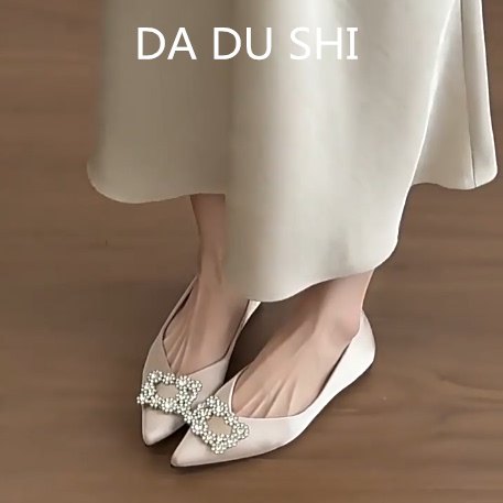 羊皮版~法式温柔水钻方扣单鞋女尖头缎面平底瓢鞋软底浅口晚晚鞋,女鞋,浅口单鞋,淘宝优惠券,粉丝福利购,淘宝优惠卷