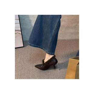 羊皮版~复古风真皮加绒单鞋女法式通勤细跟高跟鞋浅口尖头乐福鞋