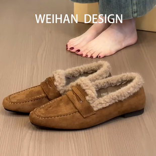 羊皮版！韩版复古小众加绒乐福鞋女秋冬款保暖毛毛棉鞋内增高单鞋