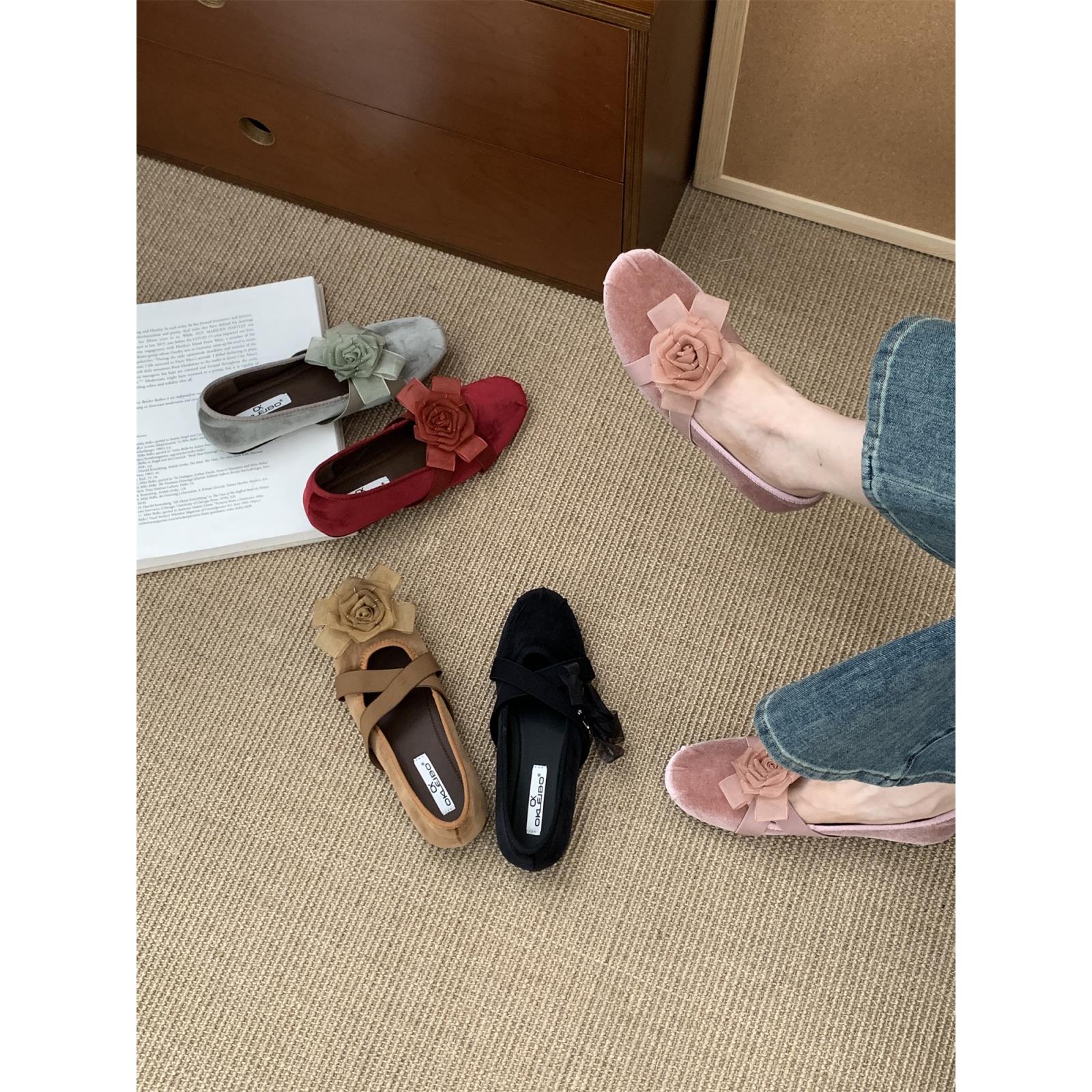 珍奶奶可拆卸女夏外美单鞋山茶花鞋褶皱法式带玛丽浅口绒面穿交叉