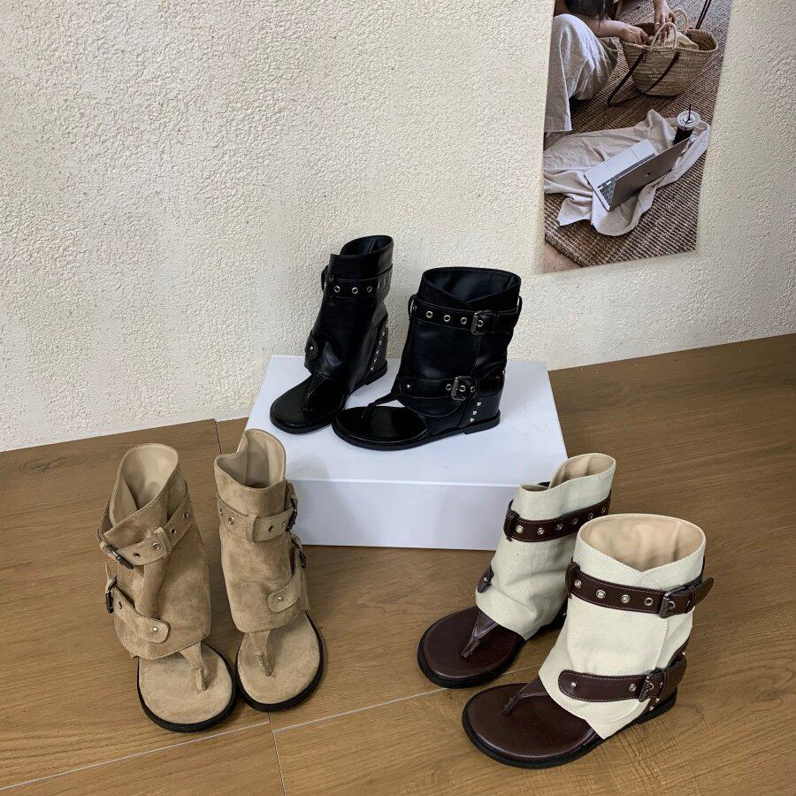 韩版皮带扣夹趾凉靴女2026年春夏新款短筒机车骑士百搭内增高靴子