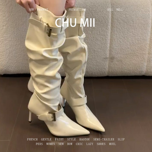 羊皮版~法式复古白色长靴女尖头高跟长筒骑士靴不过膝裤管靴子