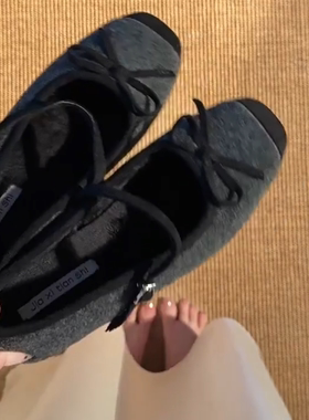 羊皮版！灰色高级感方头单鞋女蝴蝶结一脚蹬芭蕾舞鞋甜美毛呢瓢鞋