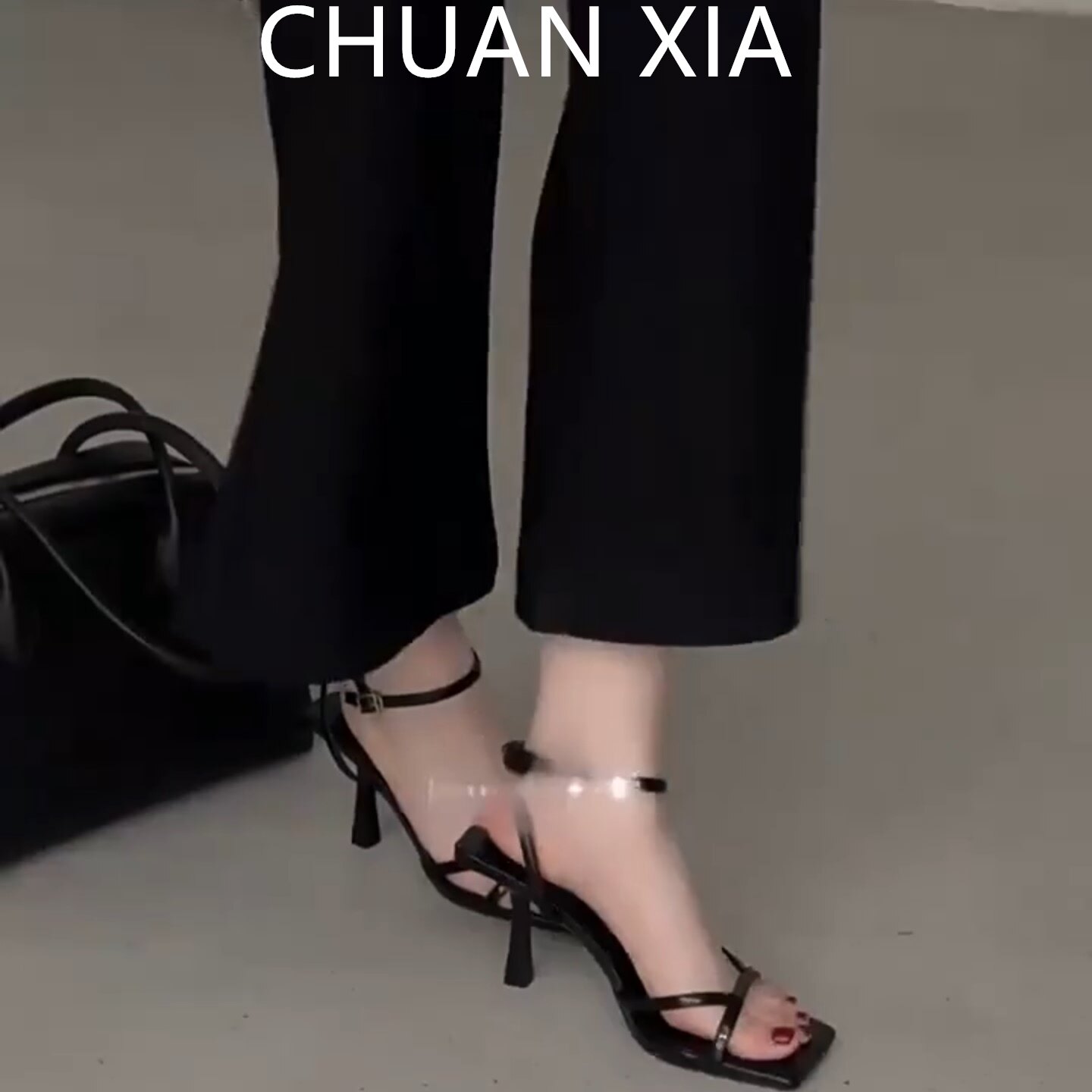 羊皮版-法式御姐风细带高跟凉鞋女高级感黑色露趾一字扣百搭凉拖