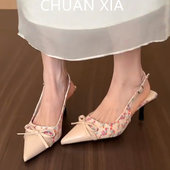 小香风碎花细跟凉鞋 女真皮拼接尖头包鞋 法式 羊皮版 仙女风高跟鞋